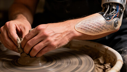 Person uses robotic arm to shape clay on pottery wheel during pottery session in workshop in the evening Generative AI