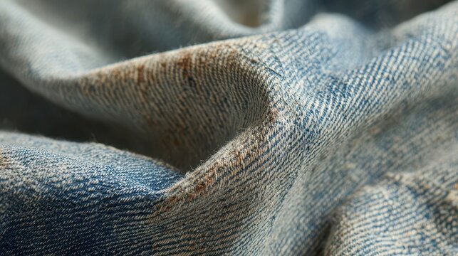 Close-up of old pale blue denim fabric texture with faded wear and diagonal twill