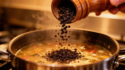 Adding spices to vegetable soup on a stovetop in a kitchen during evening cooking time Generative AI