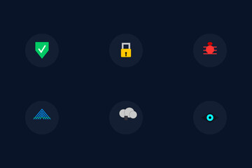 Cyber Security and Internet Privacy Icon Set. Data Protection Shield, Encrypted Lock, and Hacker Threat Symbols