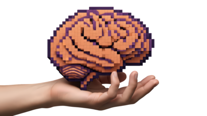 Pixel art brain sculpture held in a hand with black background