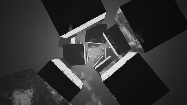 Abstract black and white perspective of floating geometric shapes in a mesmerizing corridor