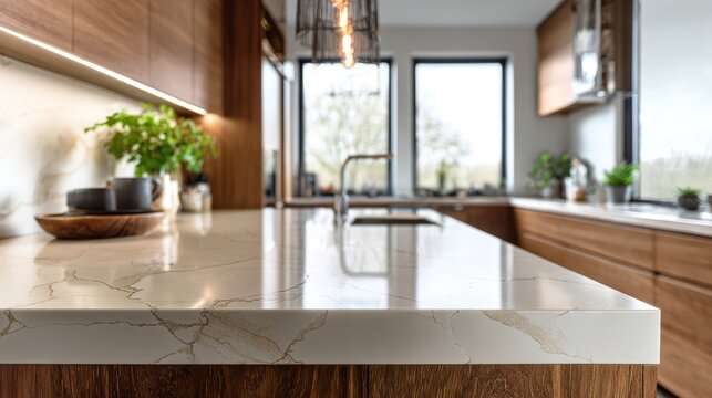 Close-up of veined marble and quartz countertops in a modern kitchen