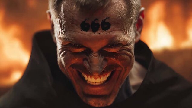A Man Grins, with the Number of the Beast, 666 on his Forehead and a Burning Fire Behind Him. Illustration of Revelation