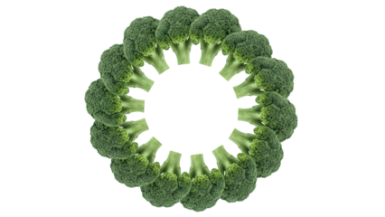 Vibrant broccoli florets arranged in a circular pattern on black background