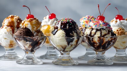 Close-up shot of varied ice-cream sundaes arranged for marketing with wide copy space