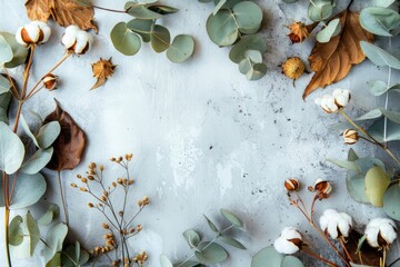 Natural arrangement of dried flowers, eucalyptus leaves, and cotton bolls on a textured surface, creating a serene and organic atmosphere with copy space for design