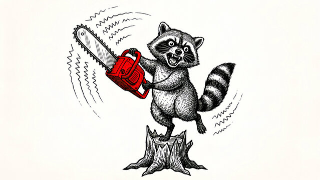 Ferocious cartoon raccoon standing triumphantly atop a freshly cut tree stump while wildly operating a bright red, vibrating chainsaw in an intense drawing.