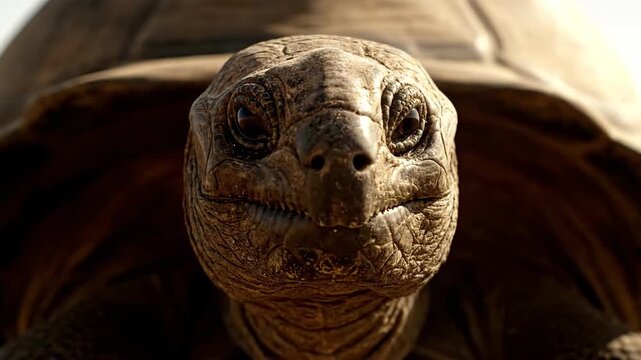 Close-up portrait of a large, old tortoise looking at the viewer