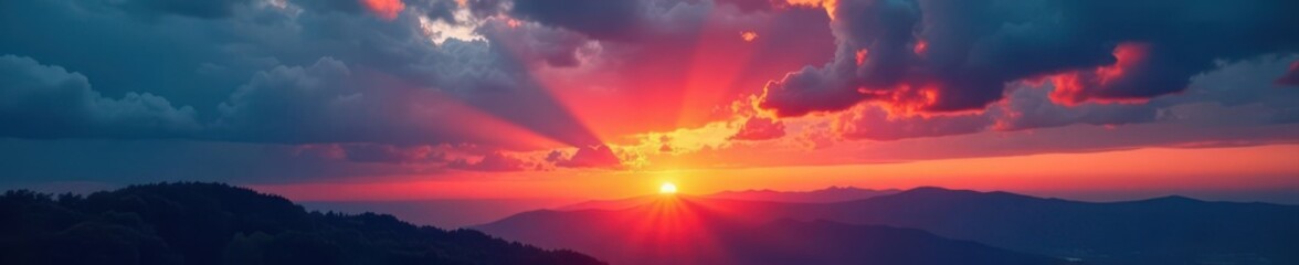 Dramatic sunset panorama, vibrant blue and orange hues, sun, color, scenic