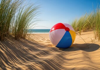 A colorful beach ball rests on sand dunes overlooking the ocean, embodying summer fun and vacation relaxation