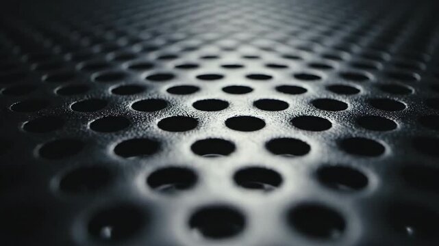 Textured metal surface with repeating circular perforations and dramatic lighting