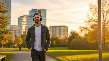 Smiling man enjoying music on a scenic stroll through urban park at sunset