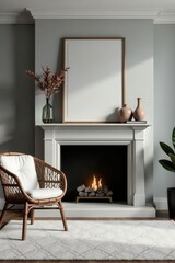 Stylish grey stone fireplace surround with modern wicker accent chair and patterned carpet , grey, home styling