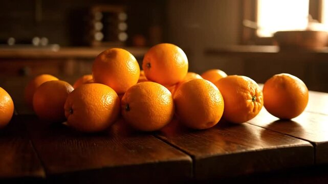 Oranges being poured onto a rustic wooden table in a dimly lit kitchen setting for cooking and food preparation