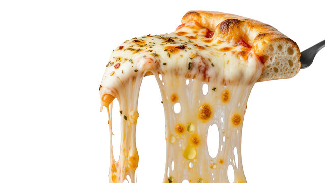 Delicious cheesy pizza slice being pulled up with melted cheese strings