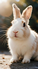 Fototapeta premium Close-up Portrait of a Cute White and Brown Rabbit, Adorable Domestic Bunny Sitting Outdoors in Soft Sunlight, Realistic Animal Photography Digital Art, 4k