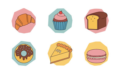 Illustrated bakery delights croissant cupcake bread donut pie and macaron