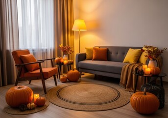 Cozy living room decorated for autumn with pumpkins, candles, and warm lighting, creating a festive and inviting atmosphere