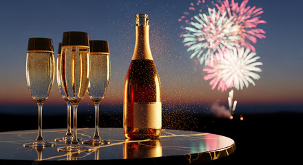 Image of champagne bottle and glasses with celebratory fireworks on a dark sky, showcasing festivity, celebration, and joyful mood for holiday events
