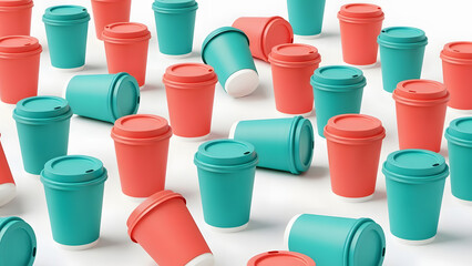 A colorful array of disposable coffee cups on a white background