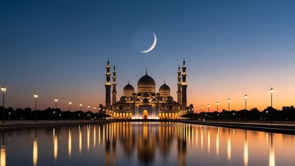 Fototapeta premium Illuminated Mosque at Sunset with Crescent Moon Reflection