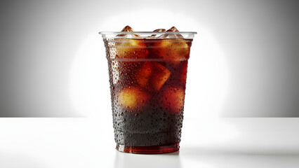 A cold glass of soda with ice cubes on a white surface