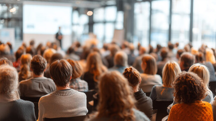 Large audience attending business conference and listening to speaker during professional seminar and corporate training event