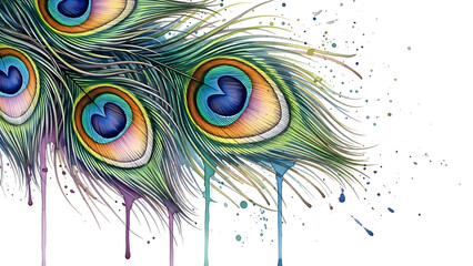 Vibrant watercolor peacock feathers illustration with colorful paint drips on a white background, artistic design.