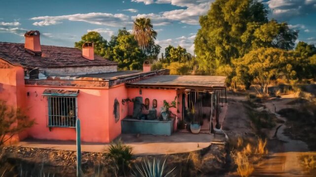 A vibrant adobe house nestled in a desert landscape with blue agave and a dirt road