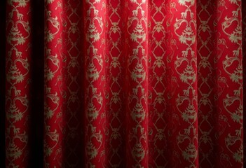 Close-up: A red and gold theater curtain, dimly lit with intricate Chinese-style patterns. A backdrop for a congratulatory message