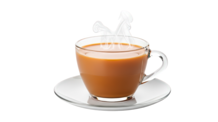 Steaming hot coffee in a clear glass mug on a white saucer