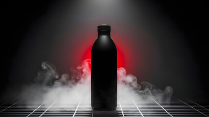 A sleek black bottle stands alone on a metal grid with smoke and red light