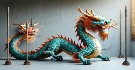 Two ornate dragons pose indoors. Vivid turquoise scales contrast orange manes, whiskers. Detailed textures suggest ancient mythology, power.