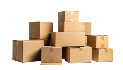 A stack of cardboard shipping boxes, varying sizes, on a stark black background