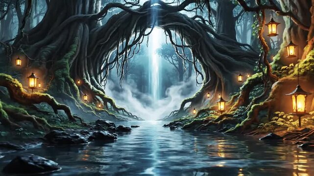 Enchanted Forest Landscape with Glowing Lanterns Reflecting On The Water Surface and Ethereal Mist