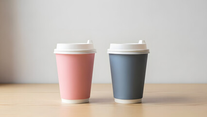 Two colorful coffee cups on a wooden table in a minimalist setting
