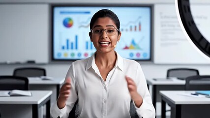 Business Woman Presenting Data Analytics Charts Graphs Financial Report Presentation Training Education Online Learning Success Professional Stock Video Footage - Powered by Adobe