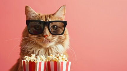 Orange tabby cat wearing black glasses is sitting in front of striped popcorn containers against a pink background, creating a playful and whimsical atmosphere for entertainment