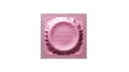 Pink condom wrapper with branding text on black background