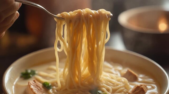 Close-up of hot japanese ramen noodles being lifted from a creamy white soup bowl with a fork emphasizing texture and steam