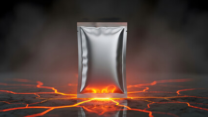 A shiny silver foil pouch standing on a fiery cracked surface