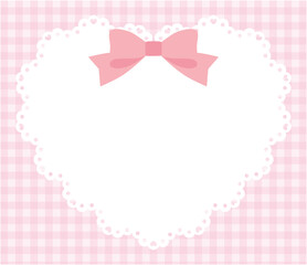 リボンがついたかわいいハートのレースフレームのベクターイラスト。ギンガムチェック