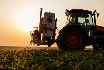 Tractor spraying crops in a lush green field at sunset.