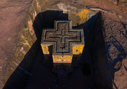 Aerial view of the monolithic rock-cut church of bete giyorgis, Amhara Region, Lalibela, Ethiopia