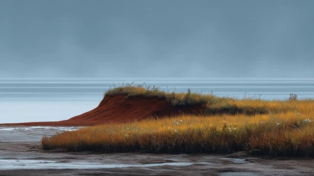 Coastal scene. A landscape featuring a grassy bank, dark sand, the sea, and a cloudy sky