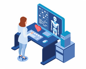 Woman interacting with futuristic computer interface and robotic design