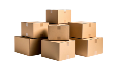 A stack of various-sized, brown cardboard boxes, with clean edges, arranged against a black backdrop