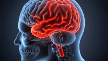 Human brain highlighted in red, showcasing neural activity and cognitive function in a detailed medical illustration from a lateral viewpoint - Powered by Adobe