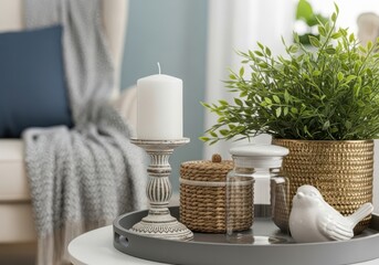 Decorative tray on a table featuring a white candle, potted plant, woven basket, and a ceramic bird, creating a charming vignette